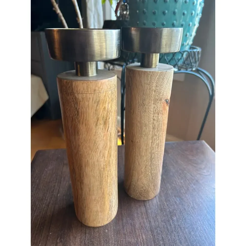 Sagebrook Home taper candle holders natural wood cylinders  brushed metal top
